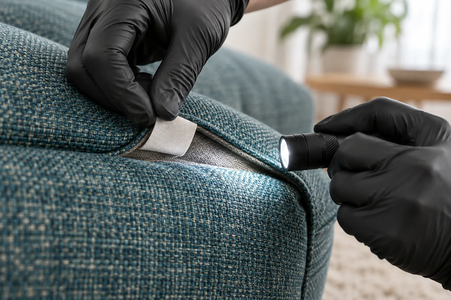 Gloved hand inspecting the texture of upholstery fabric